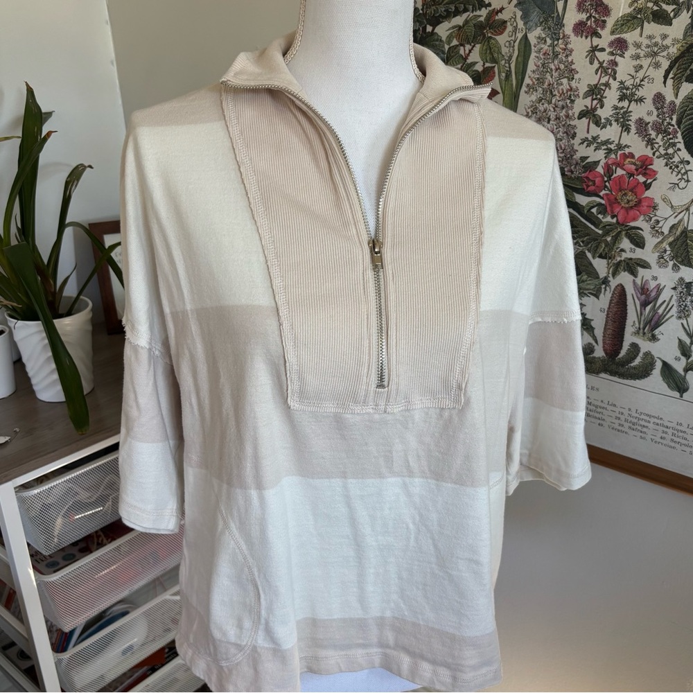 Free People Movement Beige and Cream Striped Half-Zip Top XS
